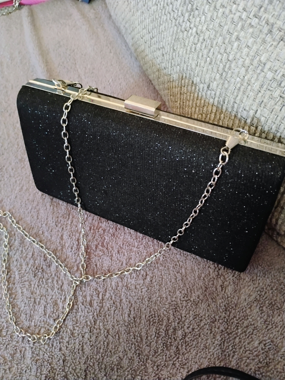 Elegant Black Glitter Clutch with Silver Chain